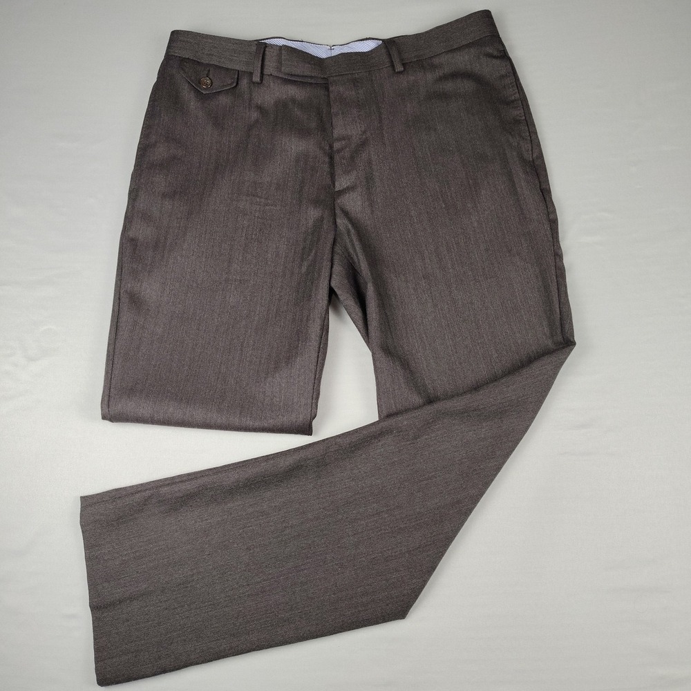 Cremieux Men's 36x32 Brown Flat Front 100% Wool Dress Pants Herringbone